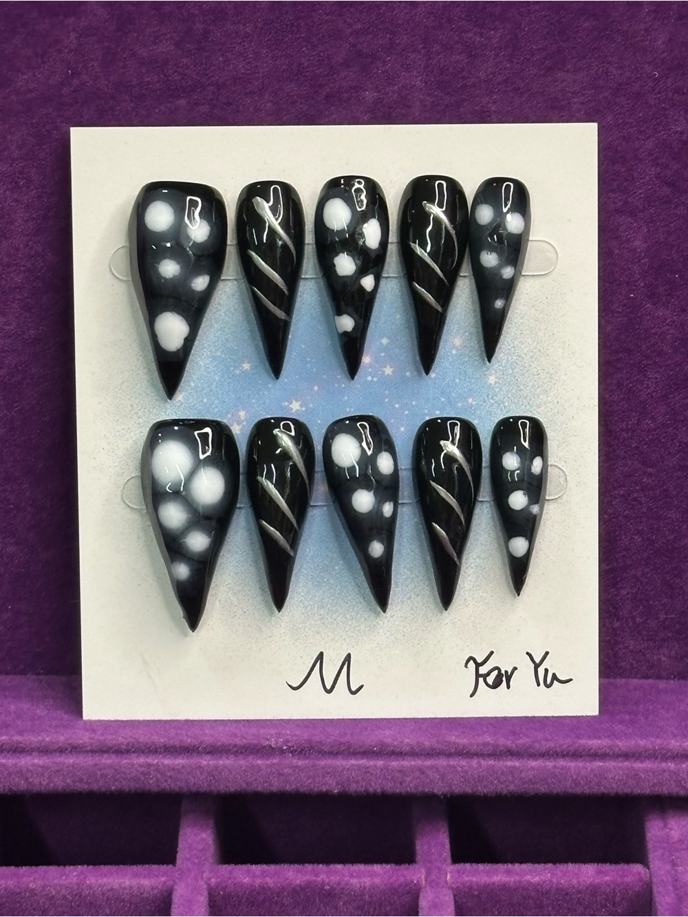 handmade dragon claw shape nails, marble & silver, size M